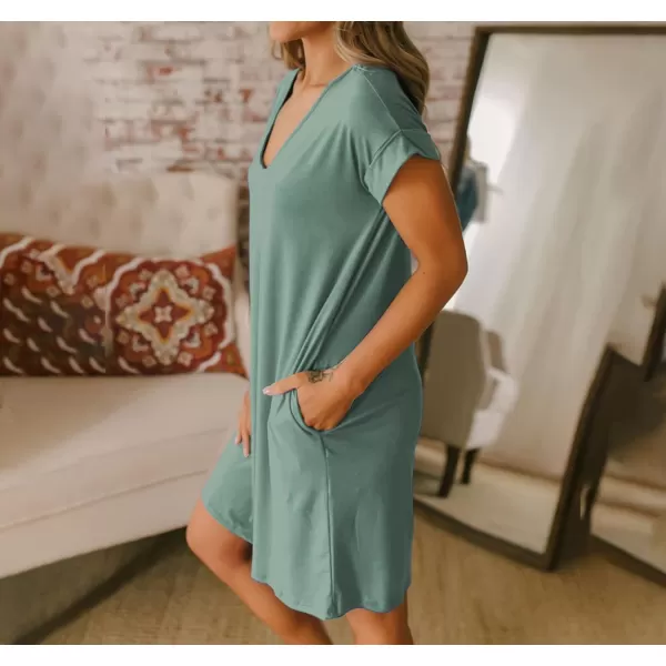imageBTFBM Women VNeck Short Sleeve Summer Dresses 2023 Spring Casual Loose TShirt Tunic Short Dress Pajamas with PocketsGrey Green