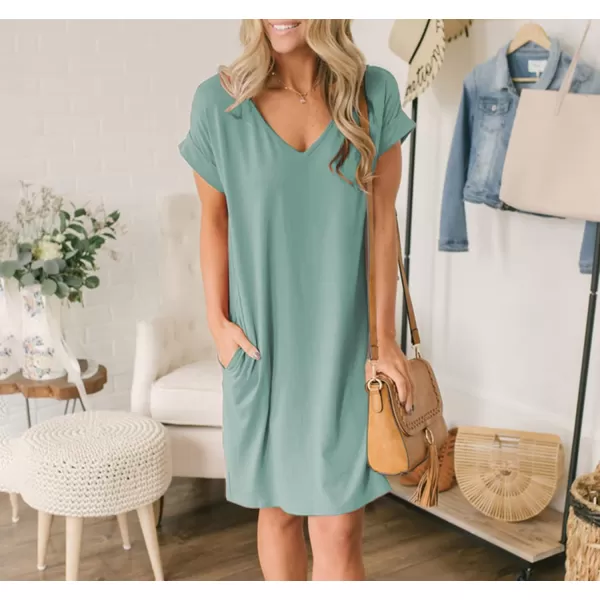 imageBTFBM Women VNeck Short Sleeve Summer Dresses 2023 Spring Casual Loose TShirt Tunic Short Dress Pajamas with PocketsGrey Green