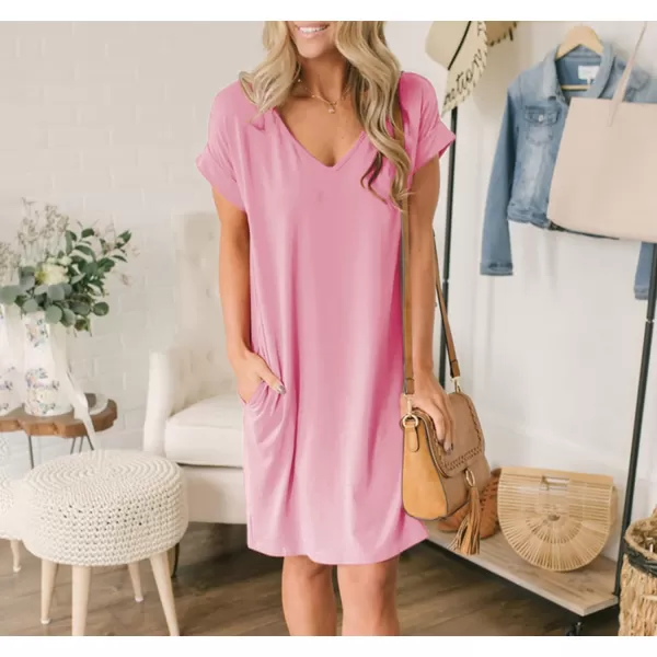 imageBTFBM Women VNeck Short Sleeve Summer Dresses 2023 Spring Casual Loose TShirt Tunic Short Dress Pajamas with PocketsLight Pink