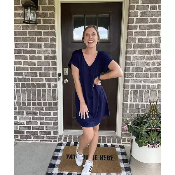imageBTFBM Women VNeck Short Sleeve Summer Dresses 2023 Spring Casual Loose TShirt Tunic Short Dress Pajamas with PocketsNavy