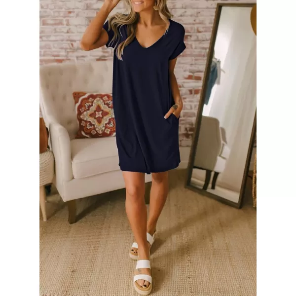 imageBTFBM Women VNeck Short Sleeve Summer Dresses 2023 Spring Casual Loose TShirt Tunic Short Dress Pajamas with PocketsNavy