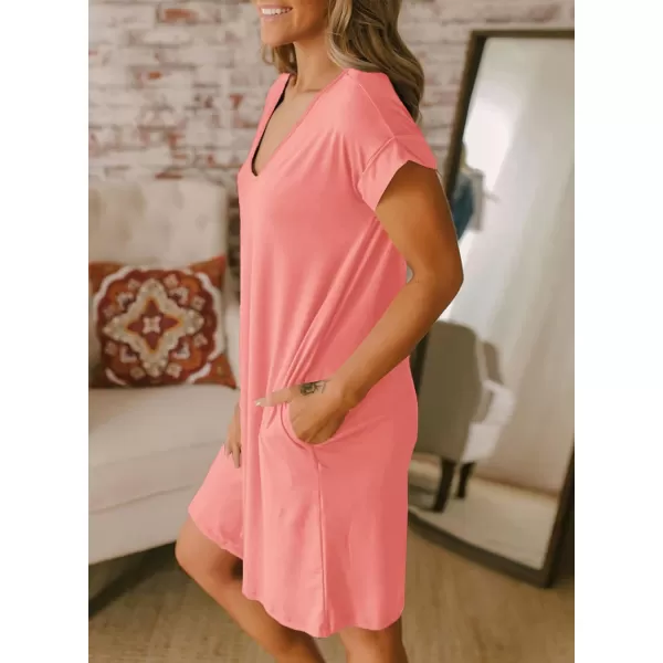 imageBTFBM Women VNeck Short Sleeve Summer Dresses 2023 Spring Casual Loose TShirt Tunic Short Dress Pajamas with PocketsPink