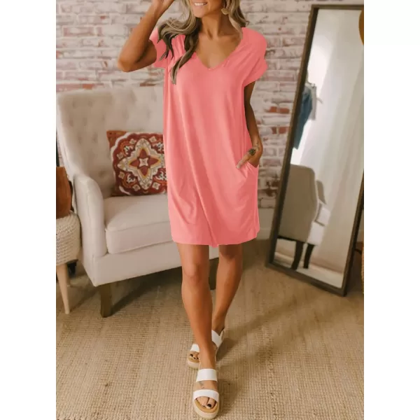 imageBTFBM Women VNeck Short Sleeve Summer Dresses 2023 Spring Casual Loose TShirt Tunic Short Dress Pajamas with PocketsPink