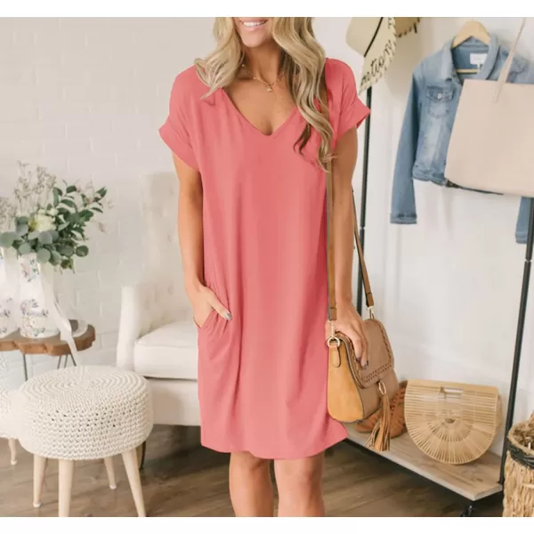 imageBTFBM Women VNeck Short Sleeve Summer Dresses 2023 Spring Casual Loose TShirt Tunic Short Dress Pajamas with PocketsPink