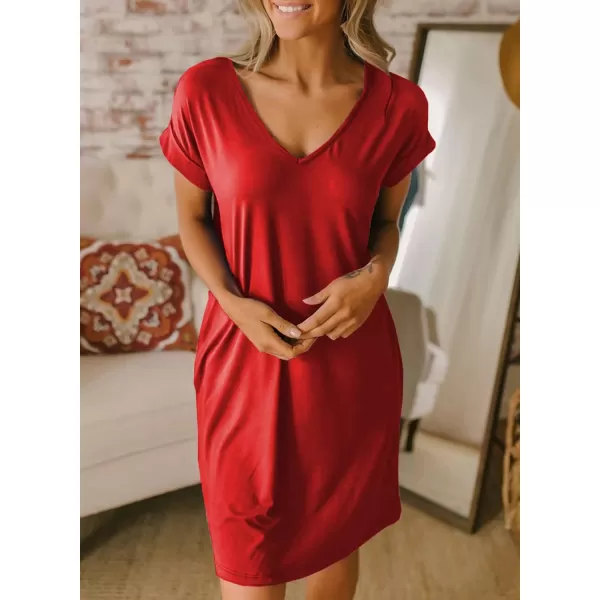 imageBTFBM Women VNeck Short Sleeve Summer Dresses 2023 Spring Casual Loose TShirt Tunic Short Dress Pajamas with PocketsRed