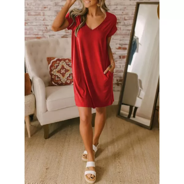 imageBTFBM Women VNeck Short Sleeve Summer Dresses 2023 Spring Casual Loose TShirt Tunic Short Dress Pajamas with PocketsRed