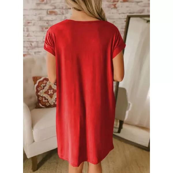 imageBTFBM Women VNeck Short Sleeve Summer Dresses 2023 Spring Casual Loose TShirt Tunic Short Dress Pajamas with PocketsRed
