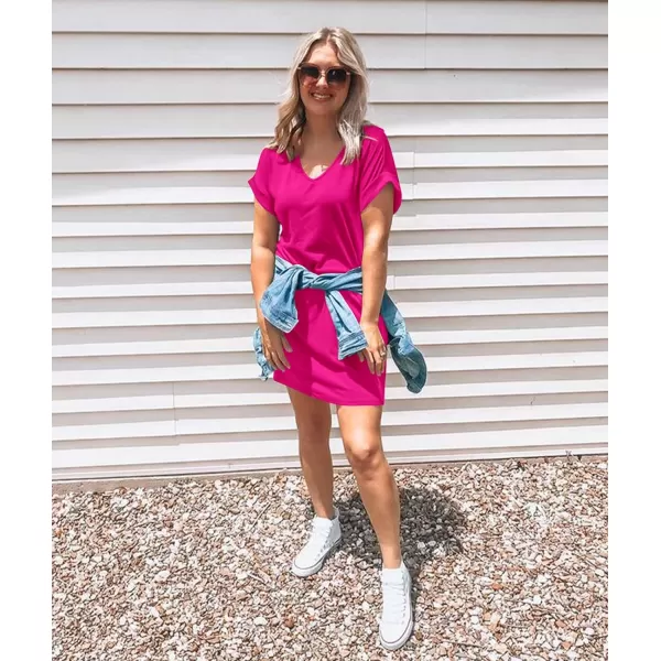 imageBTFBM Women VNeck Short Sleeve Summer Dresses 2023 Spring Casual Loose TShirt Tunic Short Dress Pajamas with PocketsRose Pink