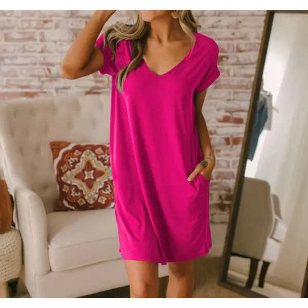 imageBTFBM Women VNeck Short Sleeve Summer Dresses 2023 Spring Casual Loose TShirt Tunic Short Dress Pajamas with PocketsRose Red