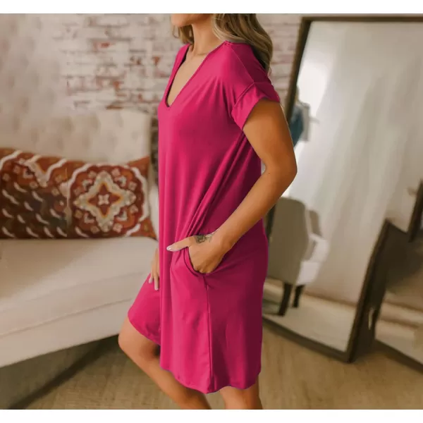 imageBTFBM Women VNeck Short Sleeve Summer Dresses 2023 Spring Casual Loose TShirt Tunic Short Dress Pajamas with PocketsRose Red