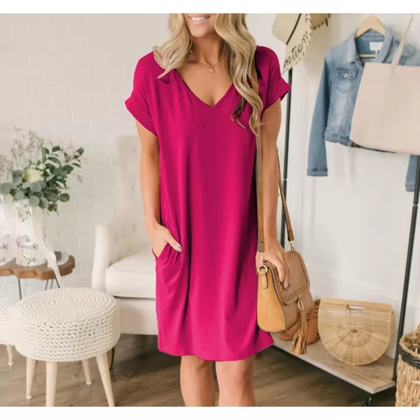 imageBTFBM Women VNeck Short Sleeve Summer Dresses 2023 Spring Casual Loose TShirt Tunic Short Dress Pajamas with PocketsRose Red
