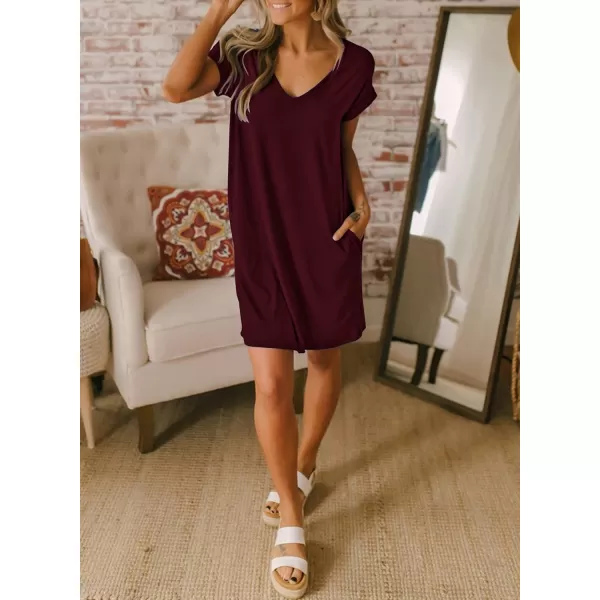 imageBTFBM Women VNeck Short Sleeve Summer Dresses 2023 Spring Casual Loose TShirt Tunic Short Dress Pajamas with PocketsWine Red