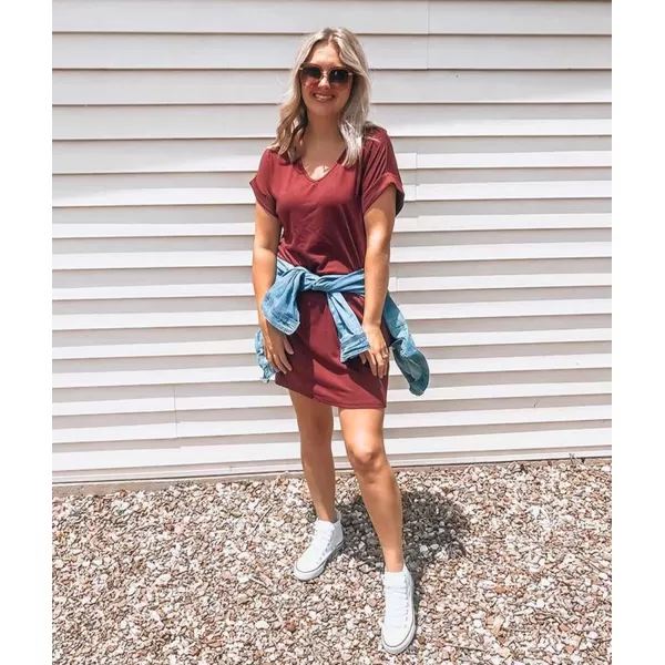 imageBTFBM Women VNeck Short Sleeve Summer Dresses 2023 Spring Casual Loose TShirt Tunic Short Dress Pajamas with PocketsWine Red