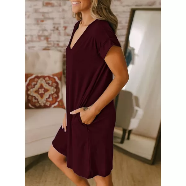 imageBTFBM Women VNeck Short Sleeve Summer Dresses 2023 Spring Casual Loose TShirt Tunic Short Dress Pajamas with PocketsWine Red
