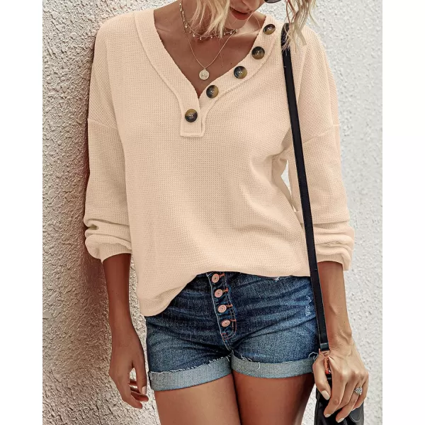 imageBTFBM Women Waffle Knit Shirts VNeck Long Sleeve Casual Slouchy Loose Blouses Plain Faux Button Lightweight PulloverApricot