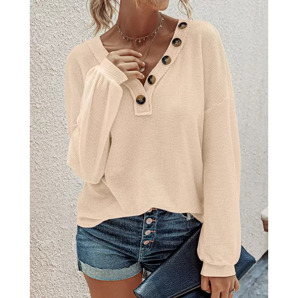 imageBTFBM Women Waffle Knit Shirts VNeck Long Sleeve Casual Slouchy Loose Blouses Plain Faux Button Lightweight PulloverApricot