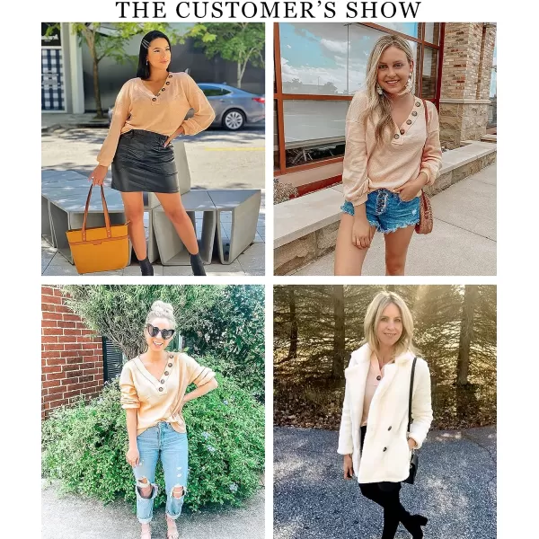 imageBTFBM Women Waffle Knit Shirts VNeck Long Sleeve Casual Slouchy Loose Blouses Plain Faux Button Lightweight PulloverApricot