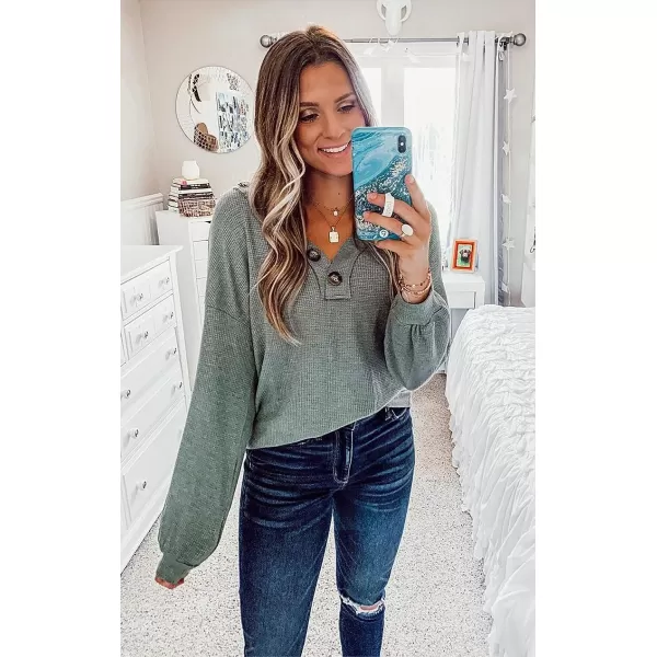imageBTFBM Women Waffle Knit Shirts VNeck Long Sleeve Casual Slouchy Loose Blouses Plain Faux Button Lightweight PulloverArmy Green