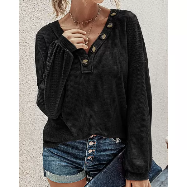 imageBTFBM Women Waffle Knit Shirts VNeck Long Sleeve Casual Slouchy Loose Blouses Plain Faux Button Lightweight PulloverBlack