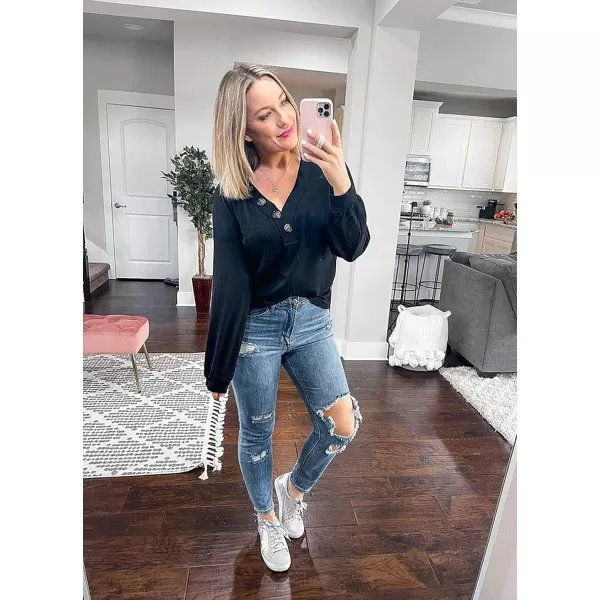 imageBTFBM Women Waffle Knit Shirts VNeck Long Sleeve Casual Slouchy Loose Blouses Plain Faux Button Lightweight PulloverBlack