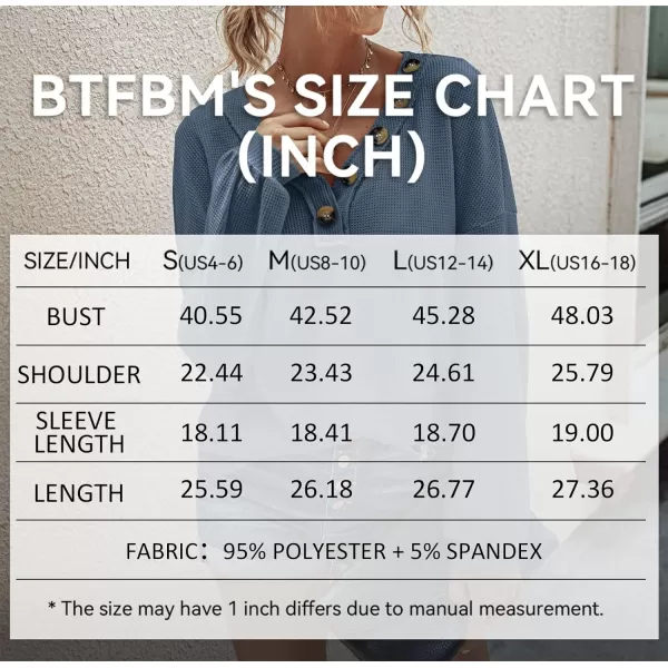 imageBTFBM Women Waffle Knit Shirts VNeck Long Sleeve Casual Slouchy Loose Blouses Plain Faux Button Lightweight PulloverBlue
