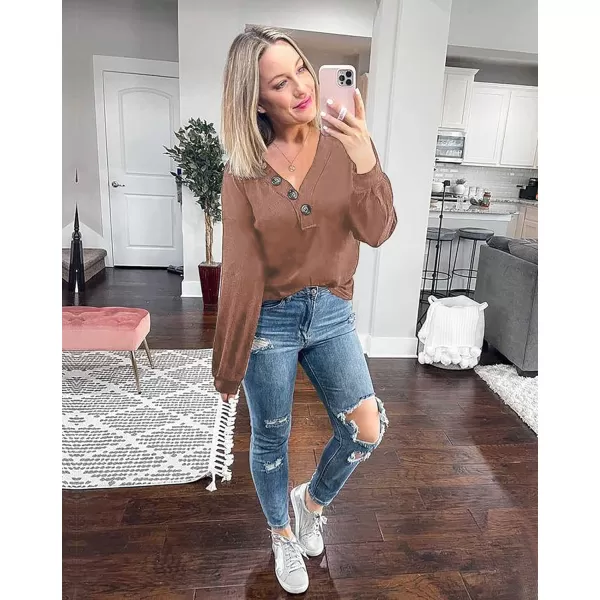 imageBTFBM Women Waffle Knit Shirts VNeck Long Sleeve Casual Slouchy Loose Blouses Plain Faux Button Lightweight PulloverBrown