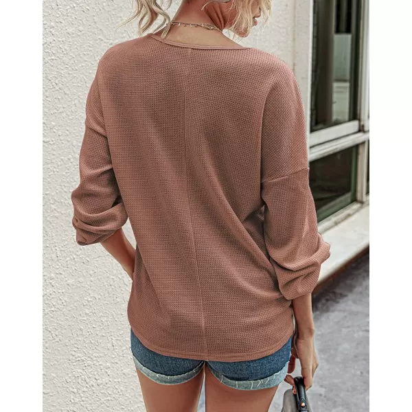 imageBTFBM Women Waffle Knit Shirts VNeck Long Sleeve Casual Slouchy Loose Blouses Plain Faux Button Lightweight PulloverBrown
