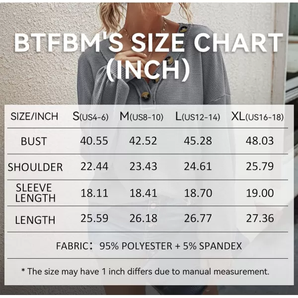 imageBTFBM Women Waffle Knit Shirts VNeck Long Sleeve Casual Slouchy Loose Blouses Plain Faux Button Lightweight PulloverLight Grey