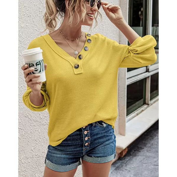 imageBTFBM Women Waffle Knit Shirts VNeck Long Sleeve Casual Slouchy Loose Blouses Plain Faux Button Lightweight PulloverMustard Yellow