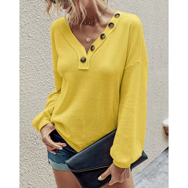 imageBTFBM Women Waffle Knit Shirts VNeck Long Sleeve Casual Slouchy Loose Blouses Plain Faux Button Lightweight PulloverMustard Yellow