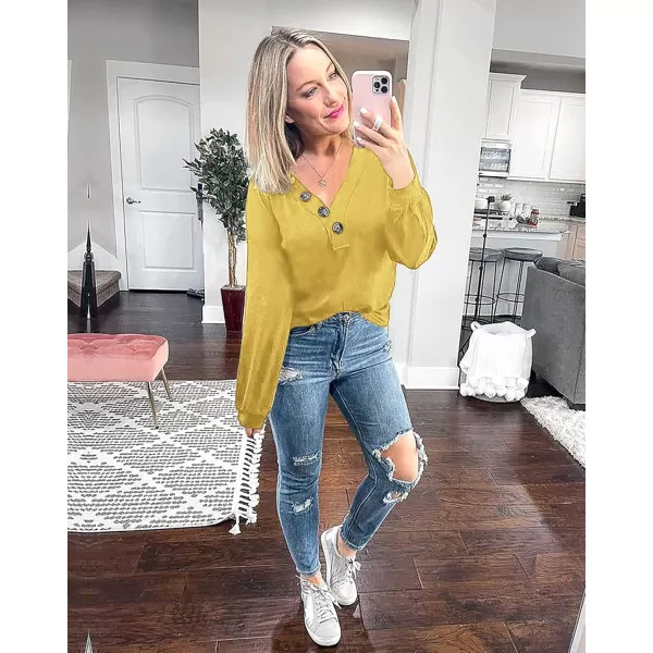 imageBTFBM Women Waffle Knit Shirts VNeck Long Sleeve Casual Slouchy Loose Blouses Plain Faux Button Lightweight PulloverMustard Yellow