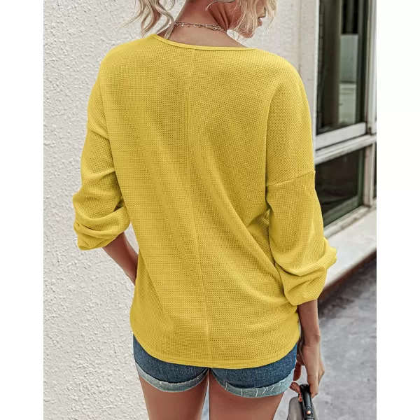 imageBTFBM Women Waffle Knit Shirts VNeck Long Sleeve Casual Slouchy Loose Blouses Plain Faux Button Lightweight PulloverMustard Yellow