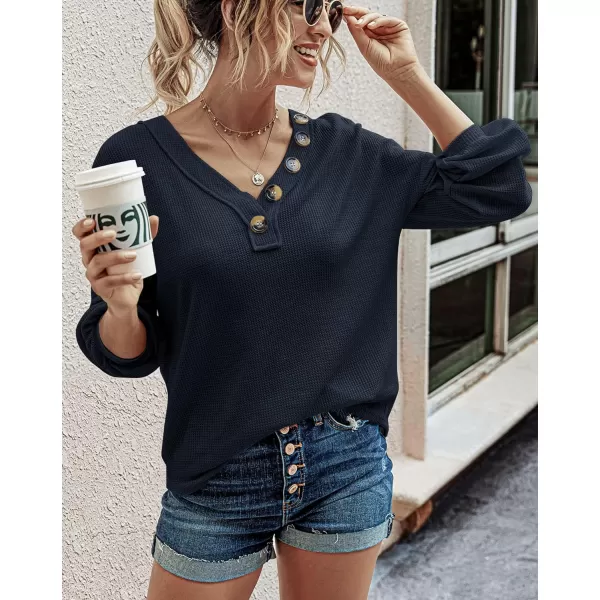 imageBTFBM Women Waffle Knit Shirts VNeck Long Sleeve Casual Slouchy Loose Blouses Plain Faux Button Lightweight PulloverNavy