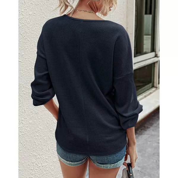 imageBTFBM Women Waffle Knit Shirts VNeck Long Sleeve Casual Slouchy Loose Blouses Plain Faux Button Lightweight PulloverNavy