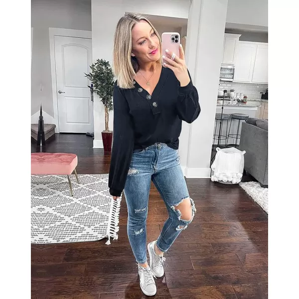 imageBTFBM Women Waffle Knit Shirts VNeck Long Sleeve Casual Slouchy Loose Blouses Plain Faux Button Lightweight PulloverNavy