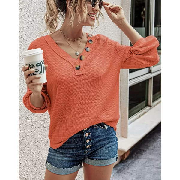 imageBTFBM Women Waffle Knit Shirts VNeck Long Sleeve Casual Slouchy Loose Blouses Plain Faux Button Lightweight PulloverOrange