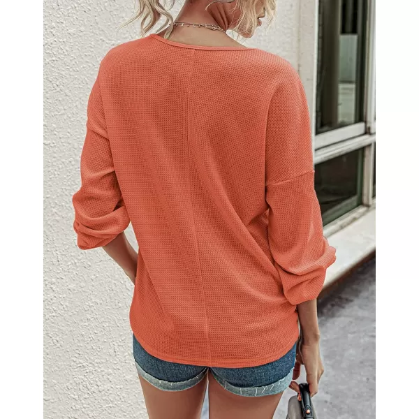 imageBTFBM Women Waffle Knit Shirts VNeck Long Sleeve Casual Slouchy Loose Blouses Plain Faux Button Lightweight PulloverOrange