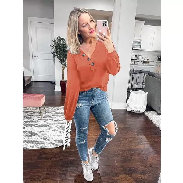 imageBTFBM Women Waffle Knit Shirts VNeck Long Sleeve Casual Slouchy Loose Blouses Plain Faux Button Lightweight PulloverOrange