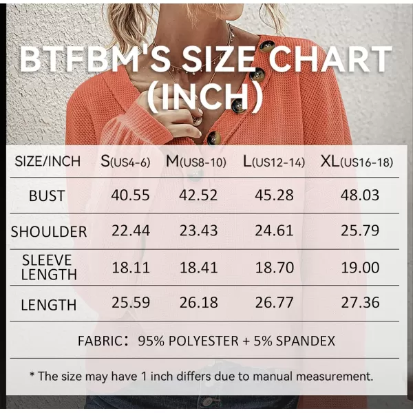 imageBTFBM Women Waffle Knit Shirts VNeck Long Sleeve Casual Slouchy Loose Blouses Plain Faux Button Lightweight PulloverOrange