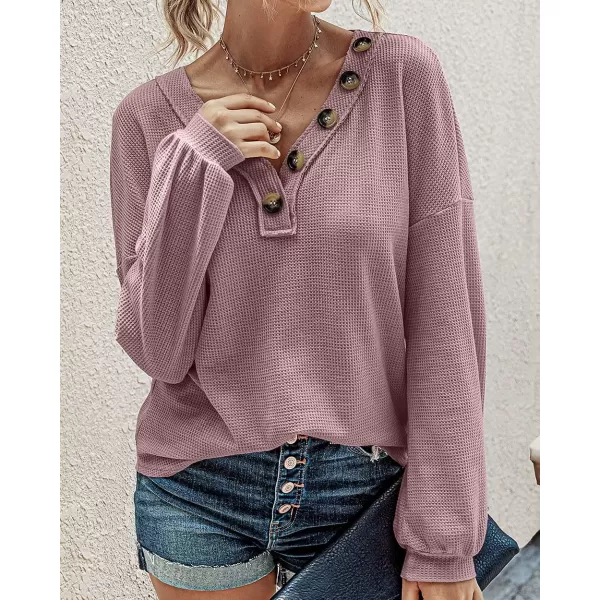 imageBTFBM Women Waffle Knit Shirts VNeck Long Sleeve Casual Slouchy Loose Blouses Plain Faux Button Lightweight PulloverPink