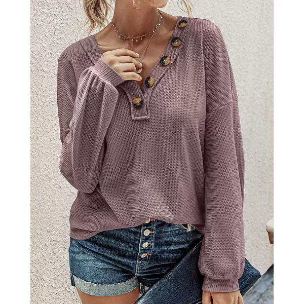imageBTFBM Women Waffle Knit Shirts VNeck Long Sleeve Casual Slouchy Loose Blouses Plain Faux Button Lightweight PulloverPurple