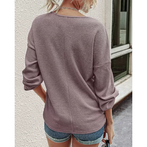 imageBTFBM Women Waffle Knit Shirts VNeck Long Sleeve Casual Slouchy Loose Blouses Plain Faux Button Lightweight PulloverPurple