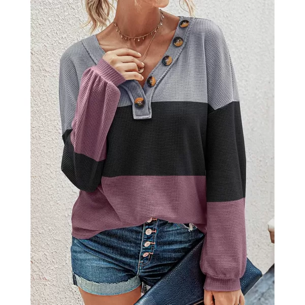 imageBTFBM Women Waffle Knit Shirts VNeck Long Sleeve Casual Slouchy Loose Blouses Plain Faux Button Lightweight PulloverStripe Black