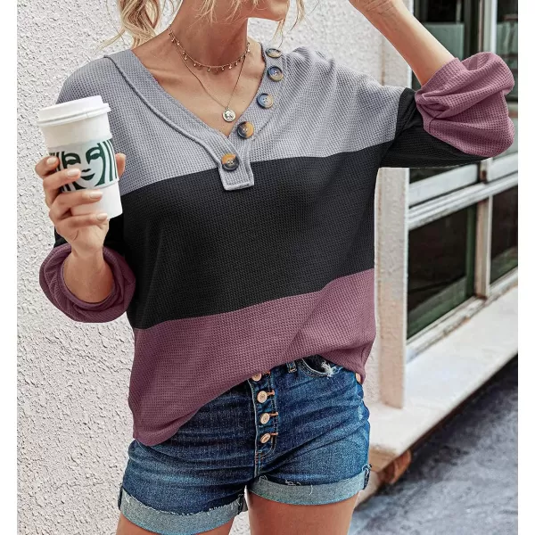 imageBTFBM Women Waffle Knit Shirts VNeck Long Sleeve Casual Slouchy Loose Blouses Plain Faux Button Lightweight PulloverStripe Black