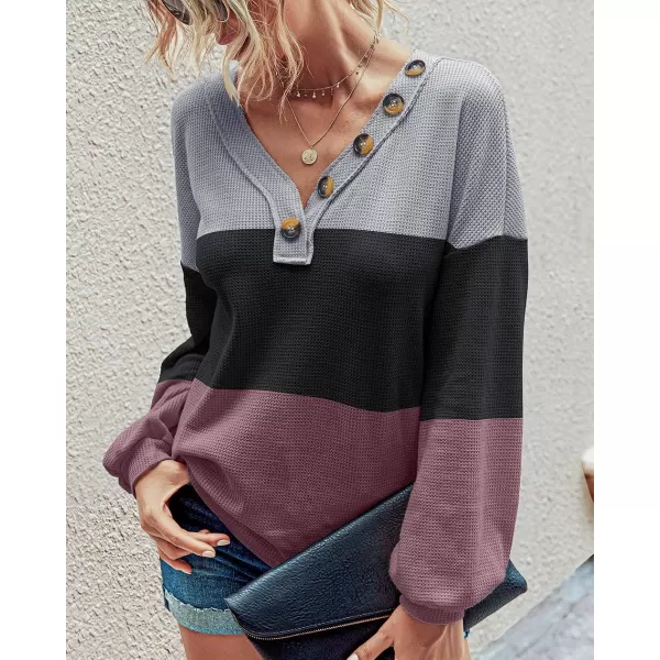 imageBTFBM Women Waffle Knit Shirts VNeck Long Sleeve Casual Slouchy Loose Blouses Plain Faux Button Lightweight PulloverStripe Black