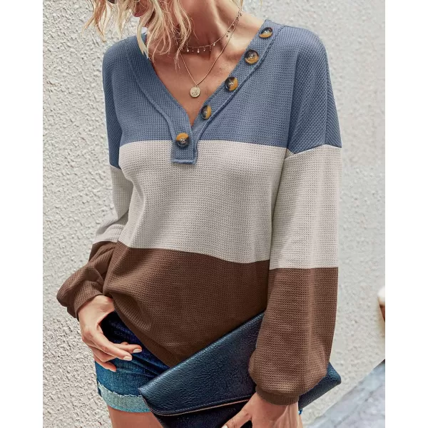 imageBTFBM Women Waffle Knit Shirts VNeck Long Sleeve Casual Slouchy Loose Blouses Plain Faux Button Lightweight PulloverStripe Blue
