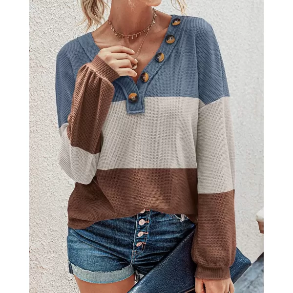 imageBTFBM Women Waffle Knit Shirts VNeck Long Sleeve Casual Slouchy Loose Blouses Plain Faux Button Lightweight PulloverStripe Blue