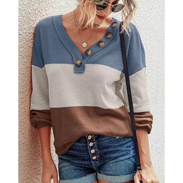 imageBTFBM Women Waffle Knit Shirts VNeck Long Sleeve Casual Slouchy Loose Blouses Plain Faux Button Lightweight PulloverStripe Blue