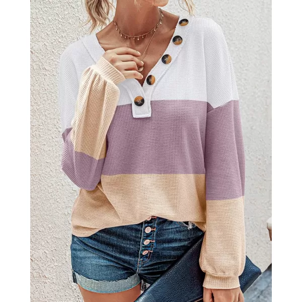 imageBTFBM Women Waffle Knit Shirts VNeck Long Sleeve Casual Slouchy Loose Blouses Plain Faux Button Lightweight PulloverStripe White