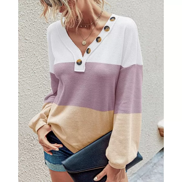 imageBTFBM Women Waffle Knit Shirts VNeck Long Sleeve Casual Slouchy Loose Blouses Plain Faux Button Lightweight PulloverStripe White